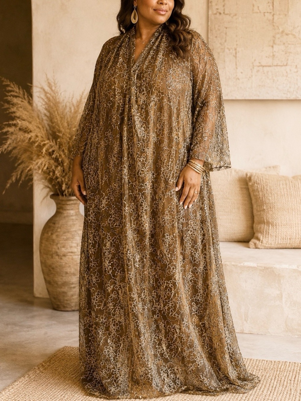Vintage Parsinen Design Gold Metallic Sheer Embroidered Maxi Duster Kimono